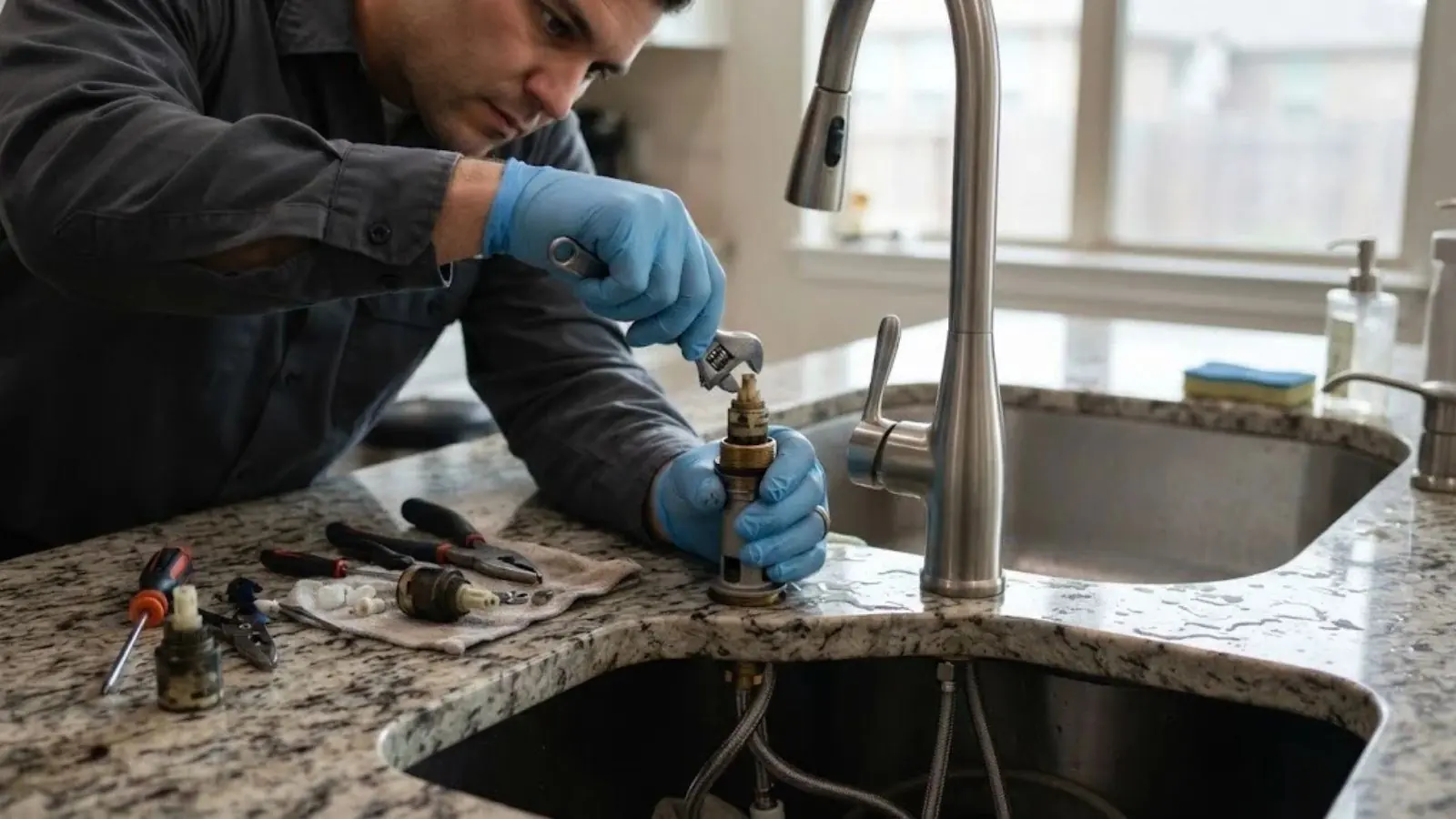 A plumber in blue gloves holds a brass faucet cartridge and turns it with a small adjustable wrench beside a granite sink. Pliers, a screwdriver and a worn cartridge lie on a towel nearby.