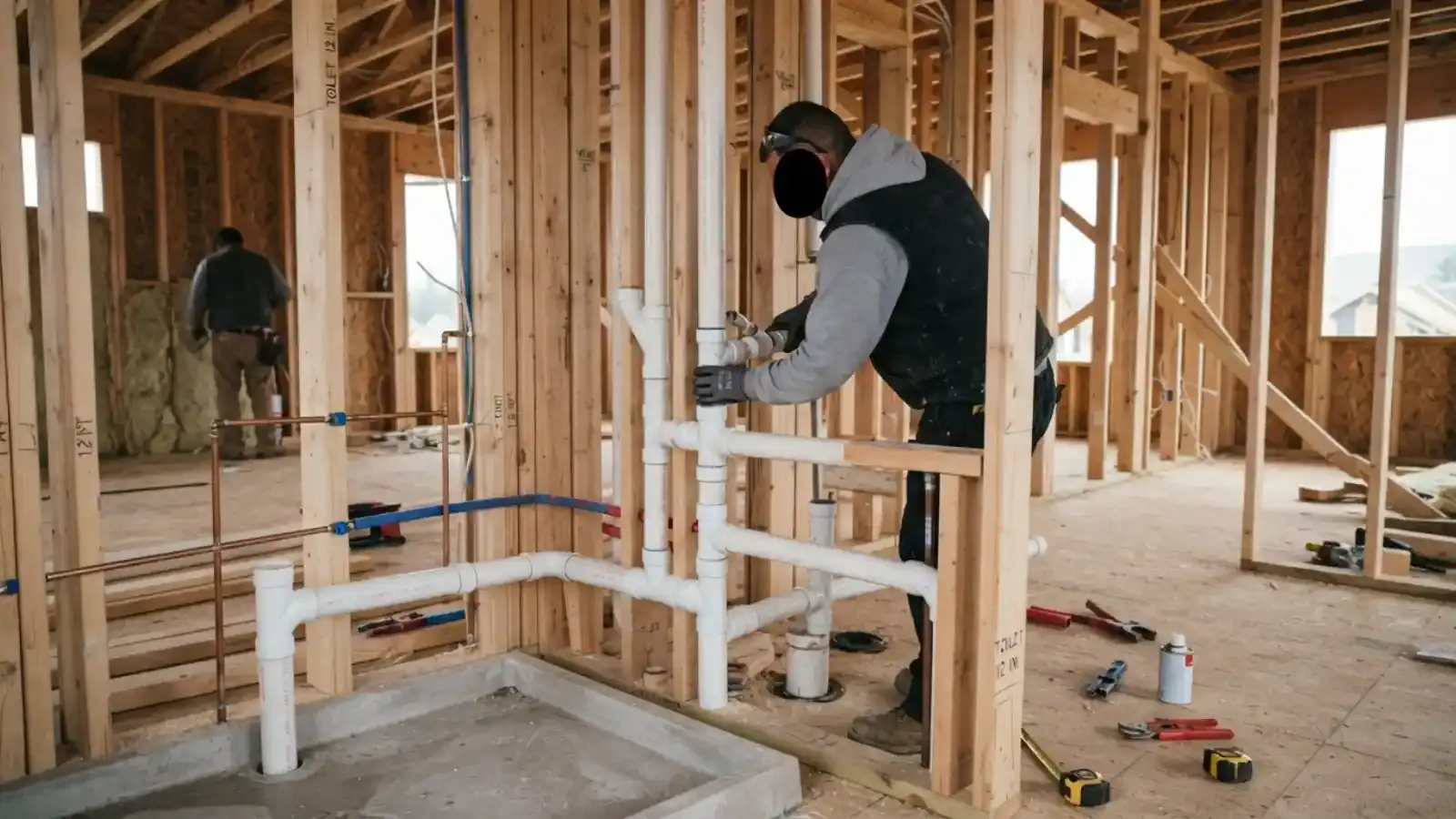 Inside a framed house under construction, a worker fits white PVC drain and vent pipes between wall studs. Copper and blue supply lines run along the left, and tools lie on the plywood floor.
