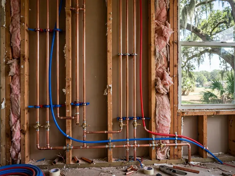 An open wall cavity with pink insulation shows copper supply pipes, blue and red PEX tubing and brass valves. A window on the right looks out on a yard with palms and moss-draped trees.