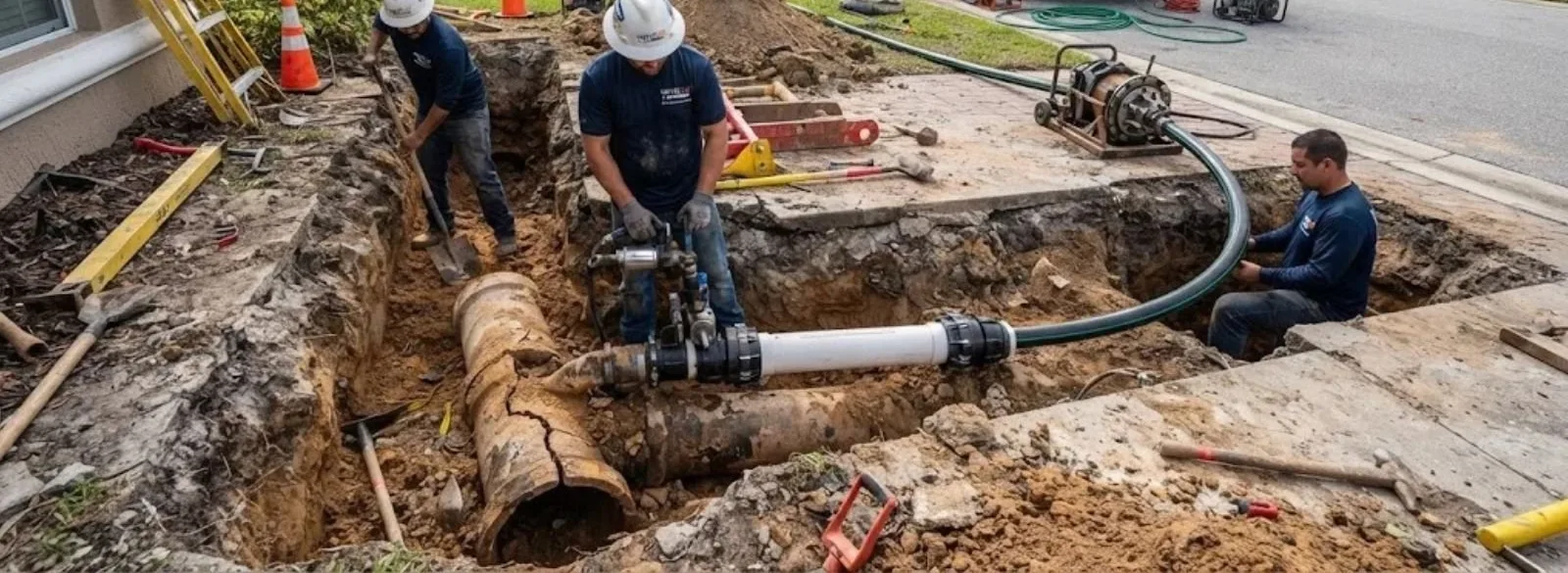 A three-person crew works in an open trench beside a driveway, joining a new white pipe to a cracked, rusty section of old pipe, with a hose and equipment nearby.