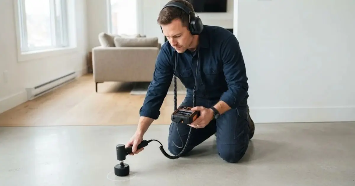 A technician in a navy work shirt and ear protection kneels on a concrete floor and holds a round listening sensor against the slab. A handheld receiver in his other hand reads the signal.