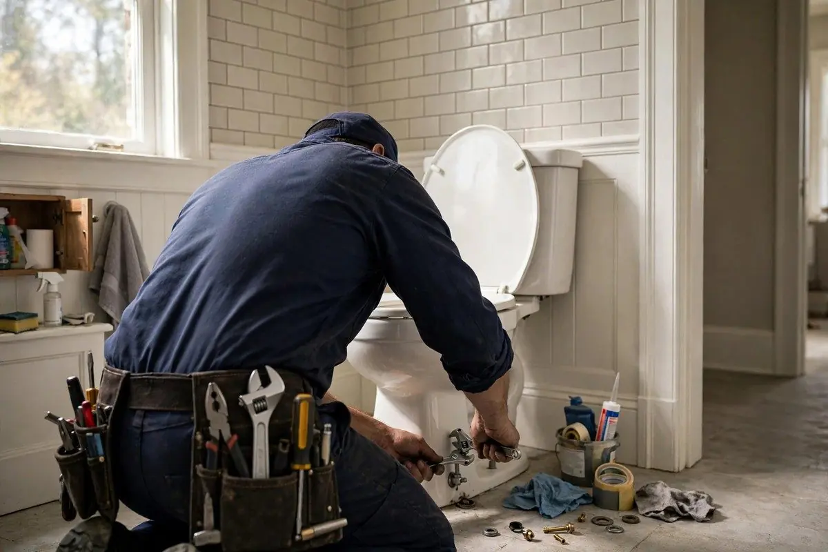 A plumber in a navy shirt and cap kneels beside a white toilet, adjusting the supply connection with a wrench while tools and parts sit on the bathroom floor.