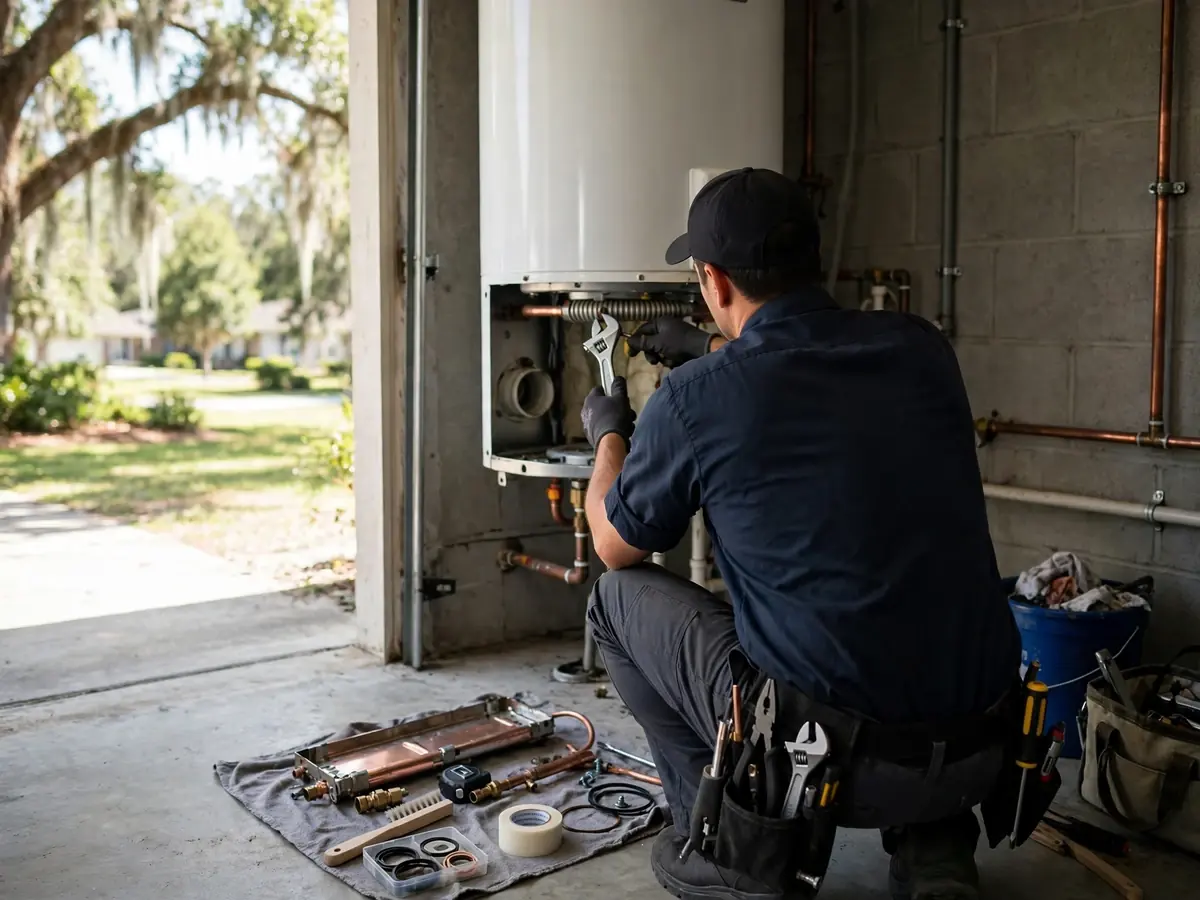 A technician in a dark uniform crouches in an open garage, using an adjustable wrench at the base of a white water heater with its access panel off, with copper fittings and small parts laid out on a towel.