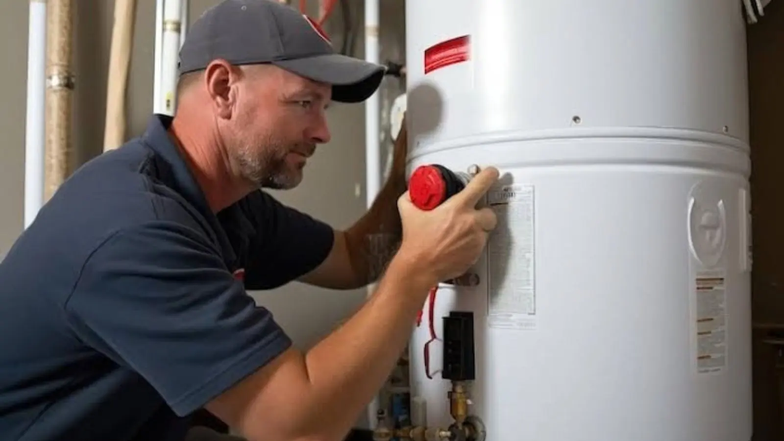 A technician in a gray cap and navy polo reaches toward the red gas control knob on the lower side of a tall white water heater.