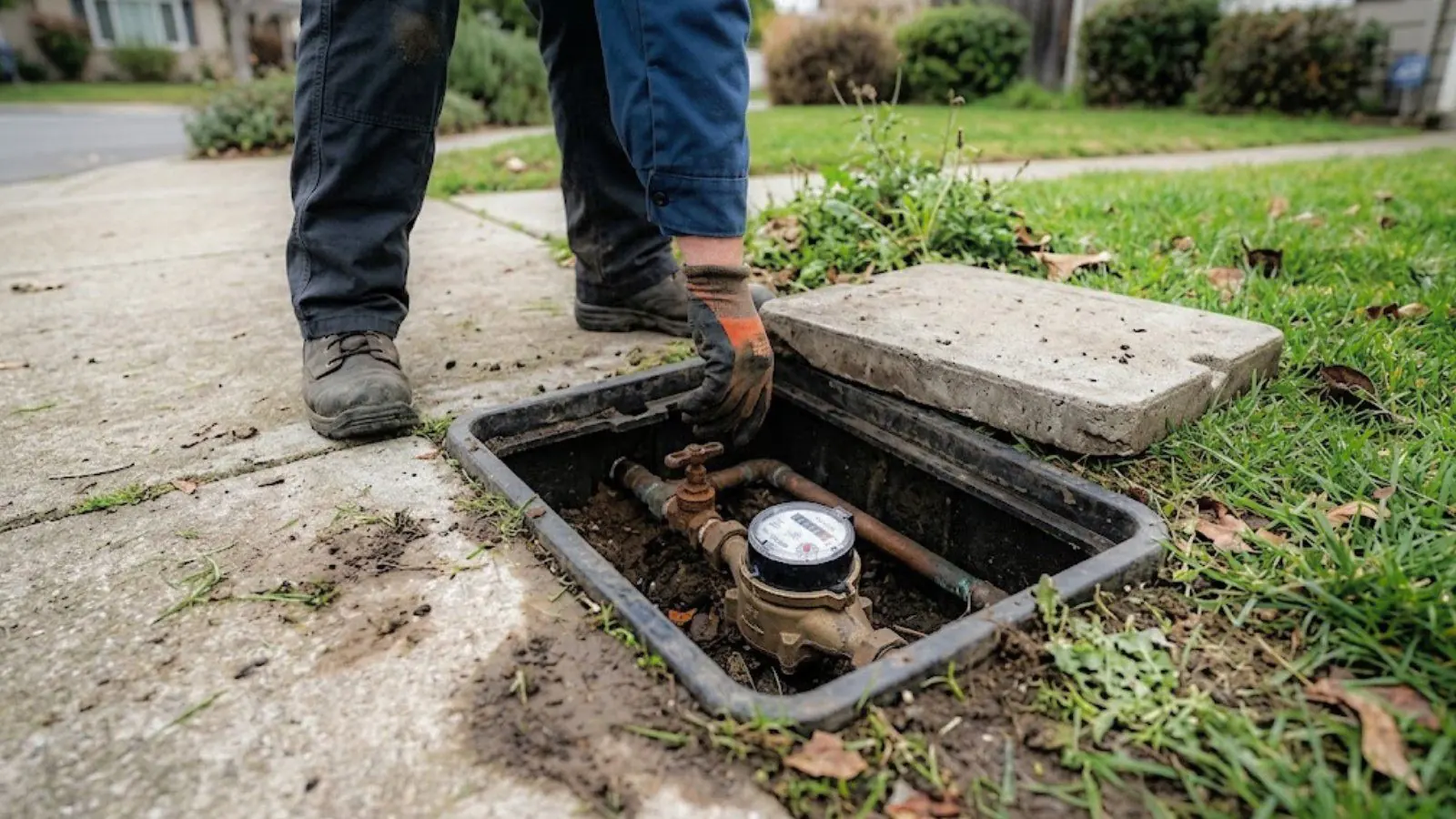A person in work boots and an orange-palmed glove lifts the concrete lid off a water meter box set in a lawn beside a sidewalk. The brass meter and shutoff valve sit in the dark soil inside.
